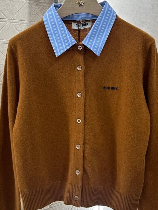 Miu Miu Tops - NWT Women's Brown Wool Miu Miu Cardigan with Blue Striped Collar L